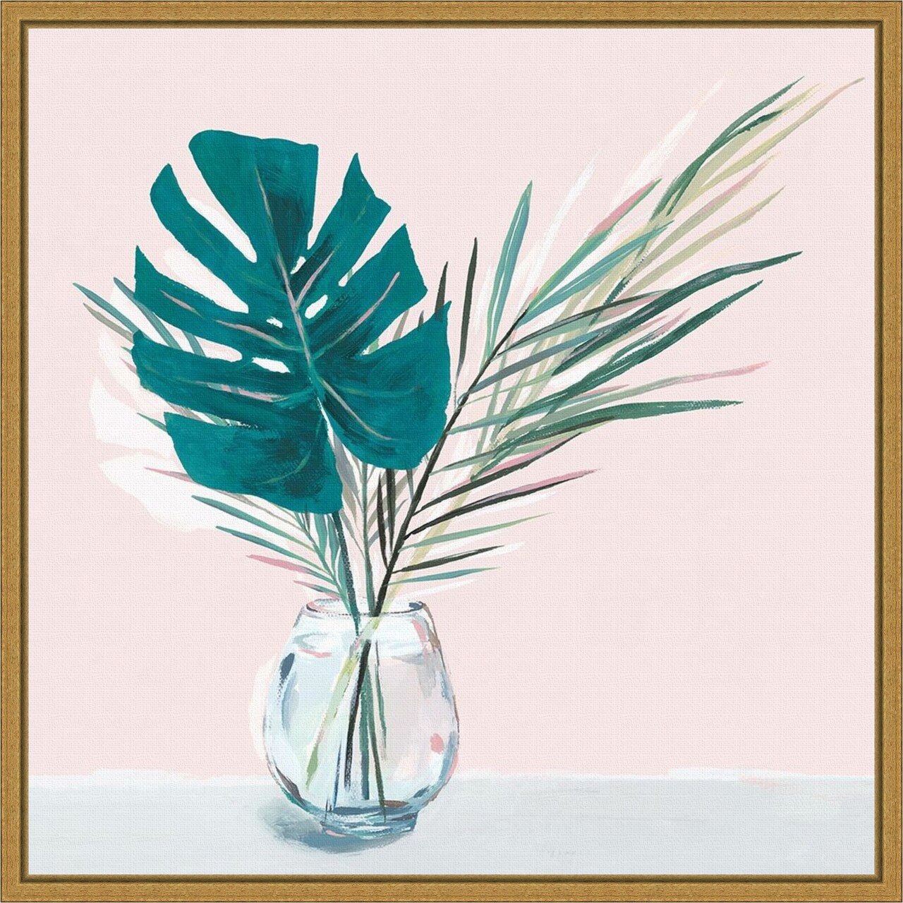 Sunday Palms (Monstera leaf) by Isabelle Z 16-in. W x 16-in. H. Canvas Wall Art Print Framed in Gold